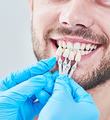 Cosmetic dentist holding row of veneers to a patients smile