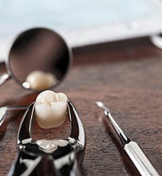 Extracted tooth on desk with dental instruments